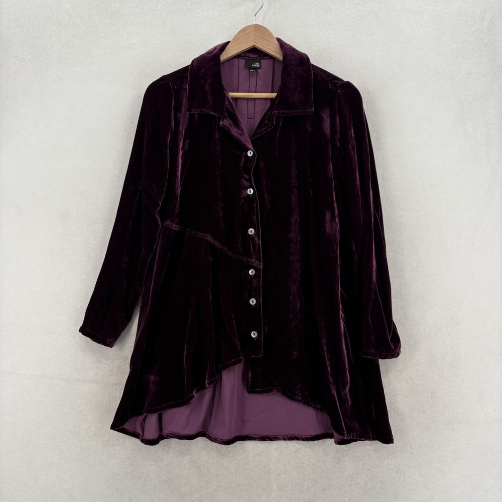 Lisa Bayne Blouse Womens XS Petite Purple Velvet Button Front Tunic Asymmetrical